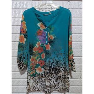 Soft Surroundings  Women's Teal Floral & Animal Print Sheer Blouse Size PM